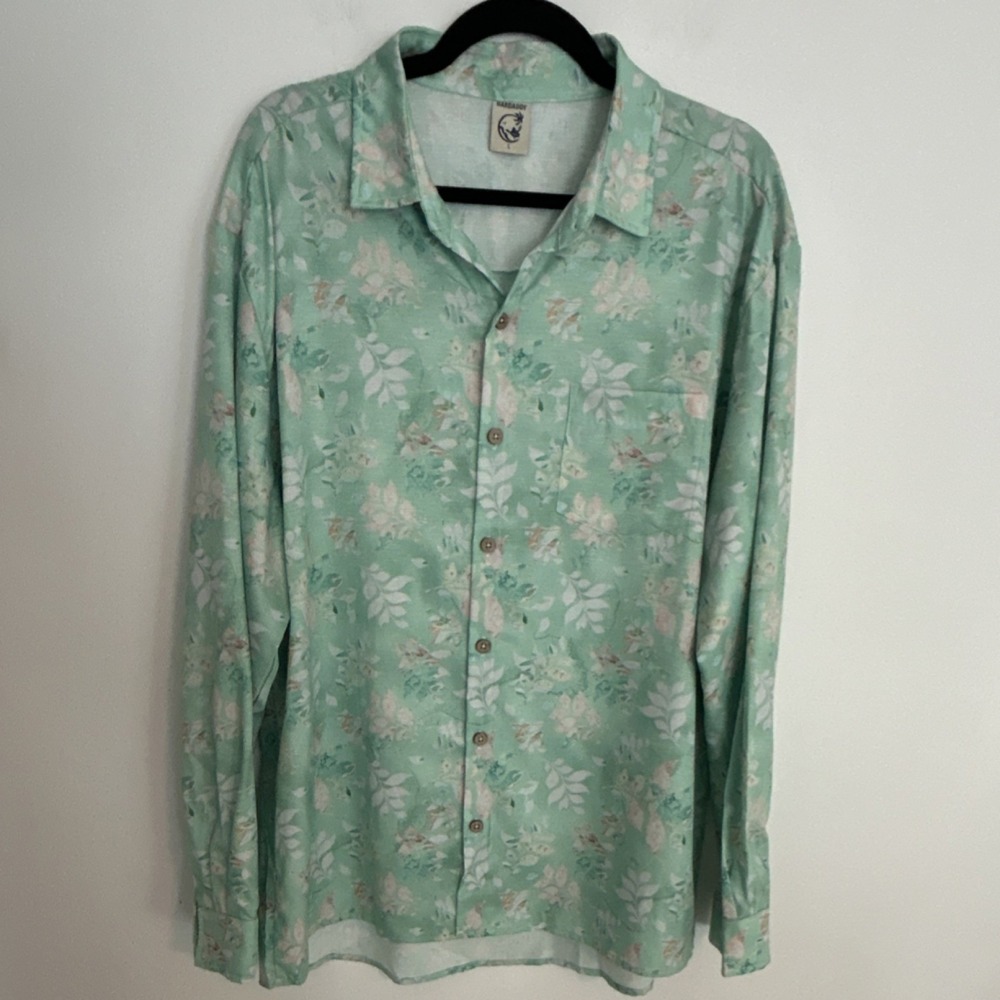 Hardaddy Men's Green Floral Woven Button-Up Shirt Long‎ Sleeve Pocket L
